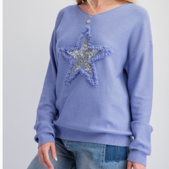 268.SEQUINED STAR PATCH KNIT SWEATER PULLOVER TOP - Picture 2 of 3